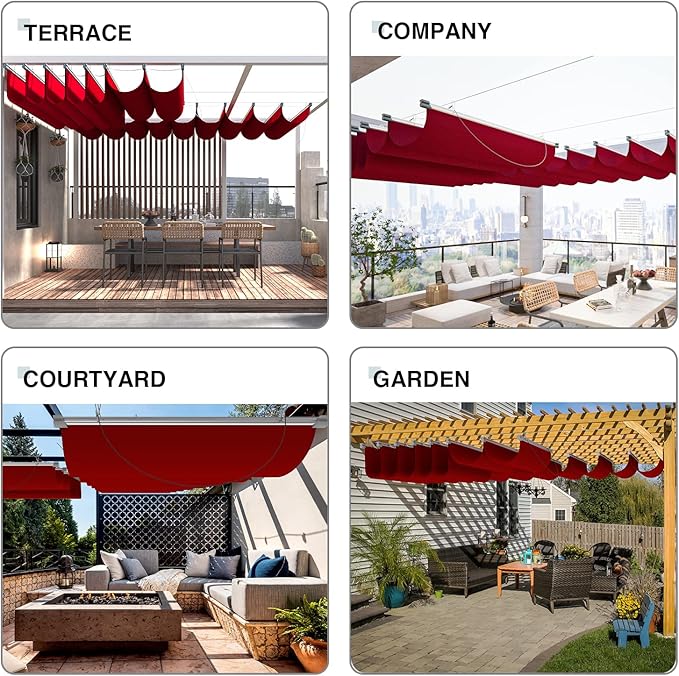 ECOOPTS 7'x31' Retractable Waterproof Wave Sun Shade Canopy Pergola Cover Shade Sail Awning for Outdoor Patio Porch Garden Deck Backyard (Red)