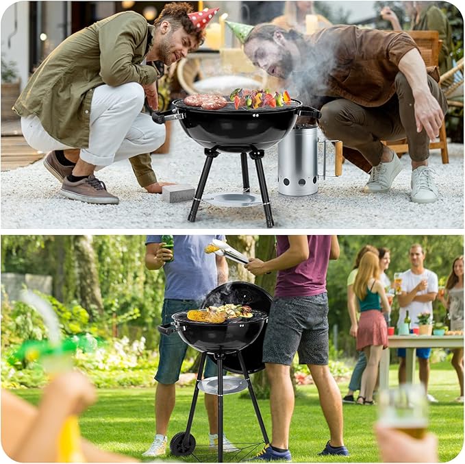 18 inch Kettle Charcoal Grills, Leonyo Portable BBQ Charcoal Grill for Outdoor with Cover & Chimney Starter, Griddle Accessories for Camping, Patio, Backyard Cooking - 254 Sq.in