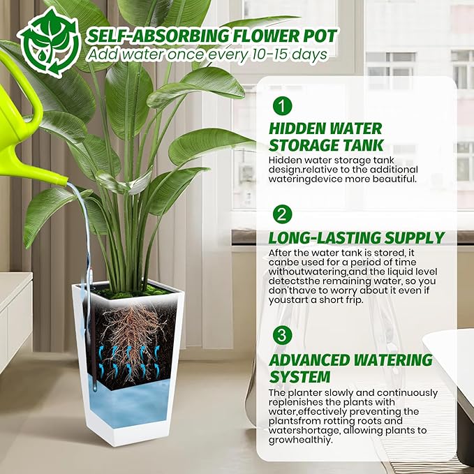 GarveeLife 16 in Tall Planters Set of 2, Outdoor&Indoor Black Planter Pots, High Front Porch Planter Pots with Drainage Holes&Water Level Monitor&Inner Bucket, Automatic Watering,White