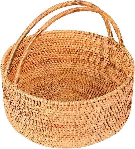 Rattan Picnic Basket with Handles, Oval Wicker Gift Basket for Wedding, Camping(13"×13"×5.1")