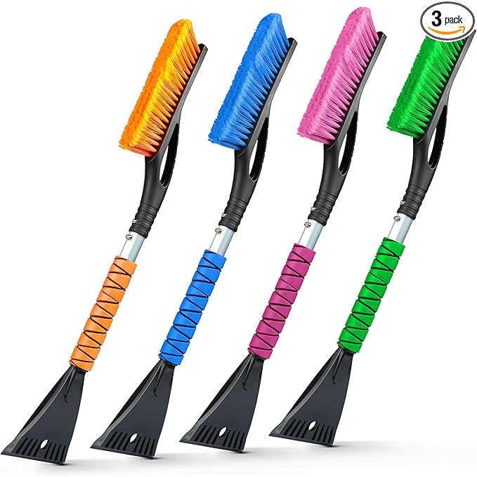 EcoNour 27" Aluminum Snow Brush 4 Pack with Ice Scrapers for Car Windshield and Window | Car Snow Scraper and Brush with Ergonomic Foam Grip Winter Accessories (Orange, Pink, Green, Blue)