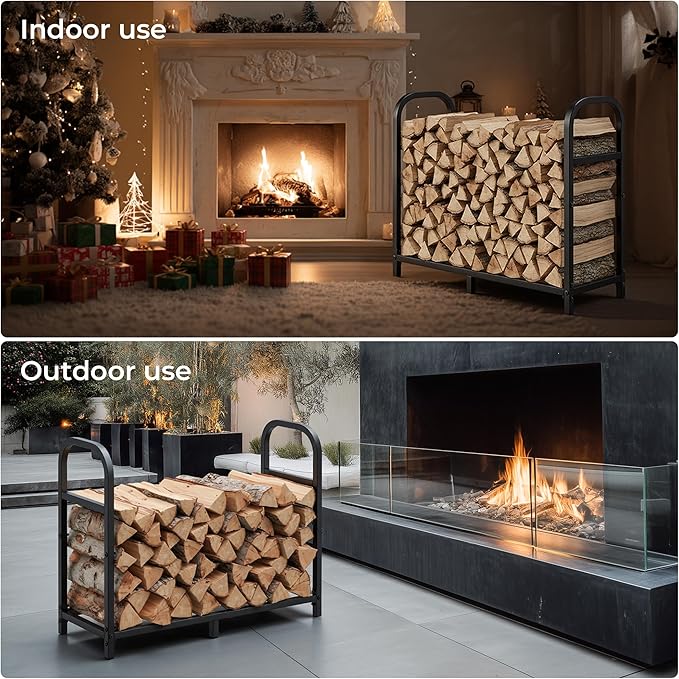 34 Inch Firewood Rack Outdoor with Log Carrier Bag, Indoor Fire Wood Holder, Metal Heavy Duty Log Holder, Rustproof Firewood Storage Tool for Fireplace Patio Deck