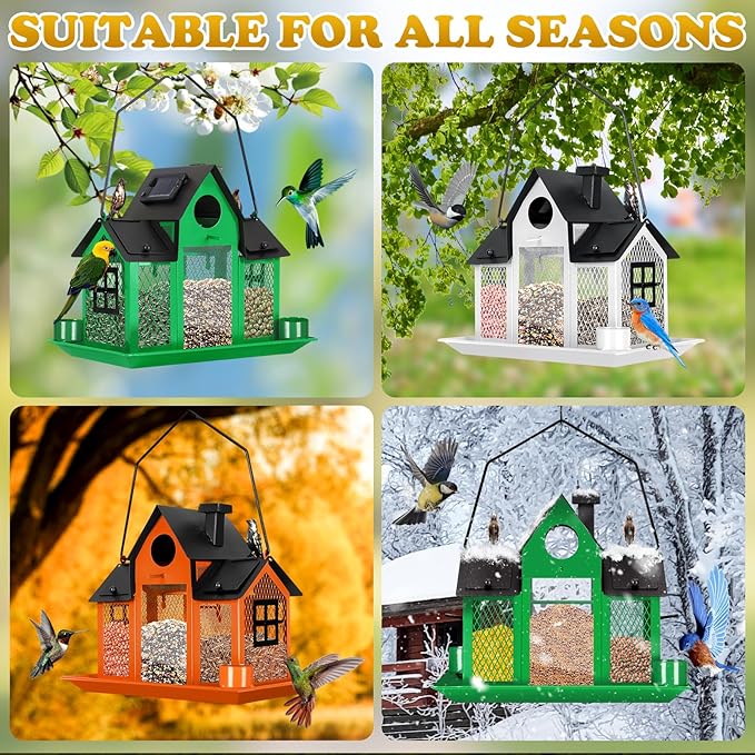 Solar Bird Feeders House for Outside Hanging, Metal Wild Bird Feeder for Outdoors Large Capacity Cardinal Birdfeeder Birdhouses Metal Bird Feeding Station White