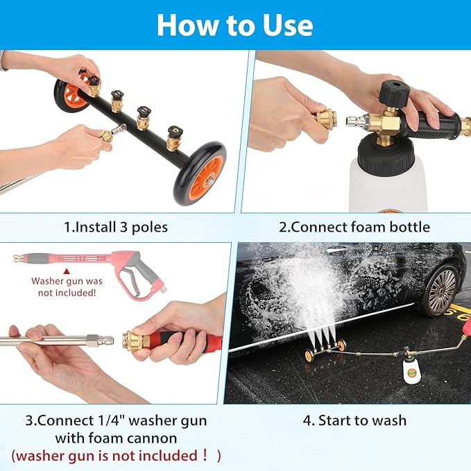 2-in-1 Undercarriage Pressure Washer Water Broom with Replaceable Nozzle, 16 Inch Car Pressure Washer with Foam Washer/Mitten, Surface Cleaner 1200-4000 PSI (with Bottle& Replaceable Nozzle)