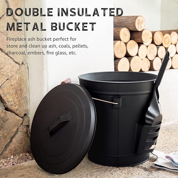 NATURAL EXPRESSIONS Fireplace Ash Bucket with Lid, 5.3 Gallon Coal Bucket with Shovel,Hand Broom and Gloves, Metal Buckets Pail Ash Can for Pellet Charcoal Wood Fire Pits