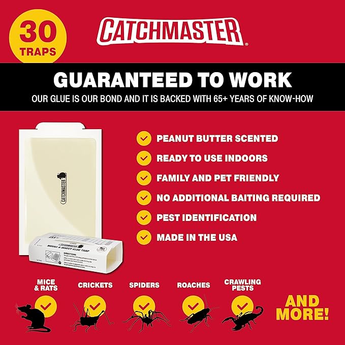 Catchmaster Mouse & Insect Super Glue Traps 30PK, Mouse Traps Indoor for Home, Extra Strength Sticky Pest Control Adhesive Tray for Catching Bugs, Rats & Rodents, Non Toxic Bulk Pre-Baited Glue Boards