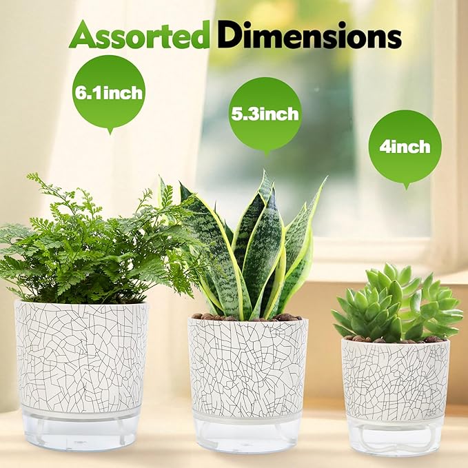 Self Watering Pots for Indoor Plants, 6 & 5 & 4 Inch Stylish Flower Pots, Set of 3 Modern Planters with Self-Watering Feature (Crack Texture)