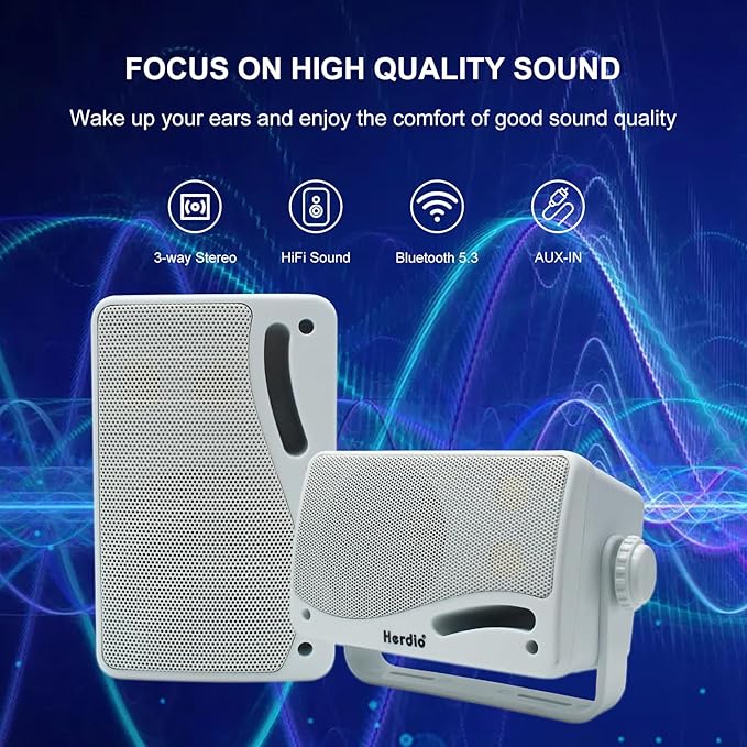Herdio 3.5" Outdoor Bluetooth Speakers Wired Waterproof, 200W 3 Way Upgrade Premium Wall Mount Speakers, Durable Mountable Loud Sound System for Patio Indoor Deck Garage (White Pair)