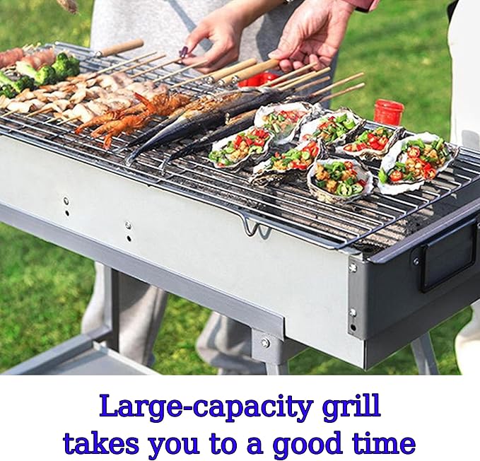 Portable Charcoal Grill, Stainless Steel BBQ Grill with Foldable Stand Adjustable Air Vents, Kebab Skewer BBQ Barbecue Grill Kit for Garden Backyard Party Picnic Travel Outdoor Use (31.6x7.1inch)