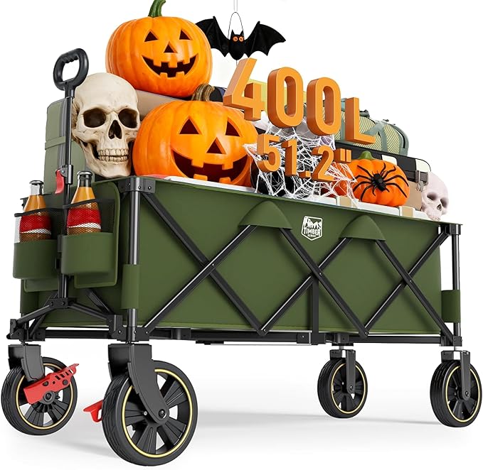 Timber Ridge 51.2'' Extended Collapsible Wagon Cart with Brakes and Cargo Net, Heavy Duty Foldable Utility Wagon with Adjustable Handle, 400L Capacity Portable Cart for Camping Sports Shopping