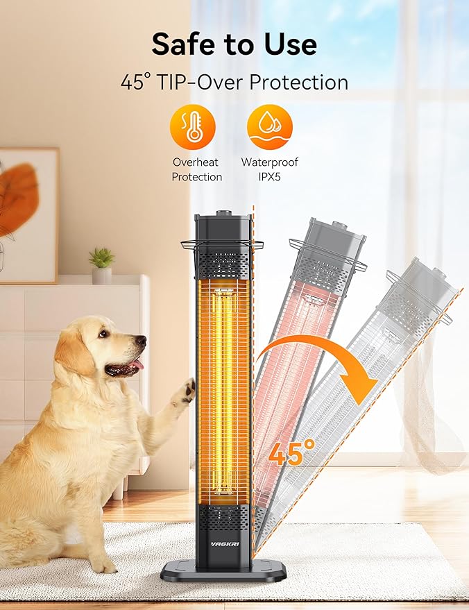 VAGKRI Outdoor Infrared Heater, 1500W 36inch Electric Heater with 3 Heating Levels, Tip-Over & Overheat Protection, IPX5 Waterproof Tower Space Heater for Patio Backyard Garage Restaurant Home