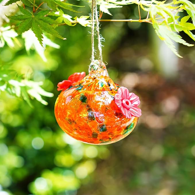 2pcs Small Blown Glass Hummingbird Feeders for Outdoors Hanging Glass Humming Bird Feeders for Window Patio Decor with 2 Flower Feeding Ports