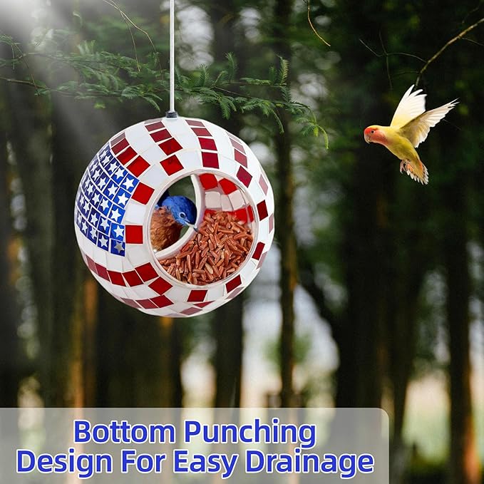 VOREEN Mosaic Bird Feeder, American Flag Design, 6.25" Round Glass Fly-Through Birds Feeder for Outdoor Hanging, Garden, Yard, Backyard, Gift for Mom Wife Friend, 4th of July Decor