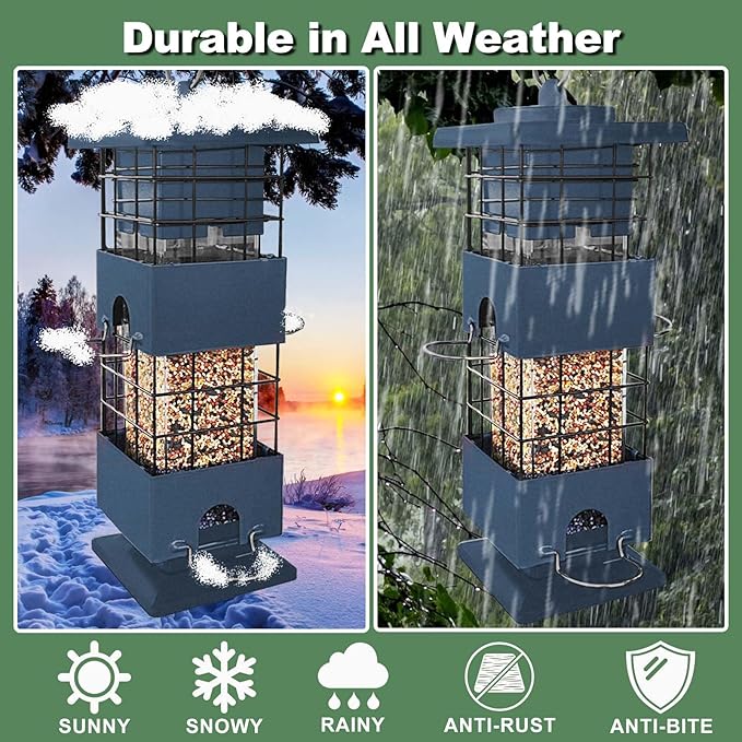 Squirrel Proof Bird Feeder for Outdoors,3Lbs Metal Birdfeeders Squirrel Proof with 4 Feeding Ports for Outside, Birds Seed Feeder for Cardinal, Finch, Sparrow,Bluejay (Blue)