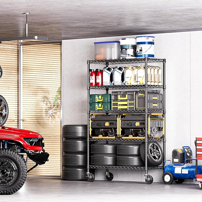 IZEUK 5-Tier Storage Shelving Unit with Wheels, Adjustable Heavy Duty Steel Wire Rack Organizer (Black, 17.7" D x 47.2" W x 76.7" H, 1750 lbs Capacity) for Garage, Kitchen, Office, Laundry, Basement