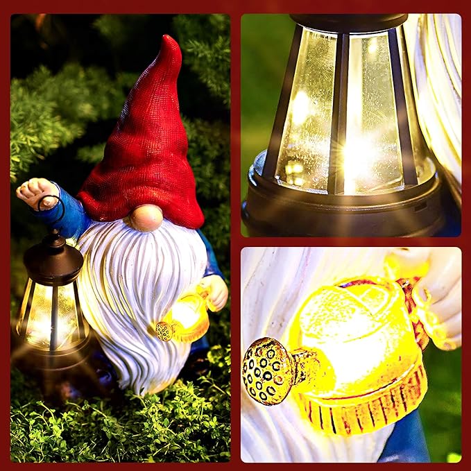 Solar Garden Gnome Gnome Outdoor Statues Garden Decor Resin Birthday Gifts for Women Mom Art for Yard Porch Patio Lawn Yard with Watering Can Lights Lantern