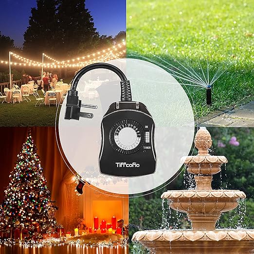 TiFFCOFiO Outdoor Timer Outlet, 24 Hour Mechanical Outdoor Timer for Pool Pump, Outdoor Light Timer Waterproof, 2 Grounded Outlets for Home and Garden, 15A 1/2HP, Heavy Duty, CSA Listed (1 Pack)