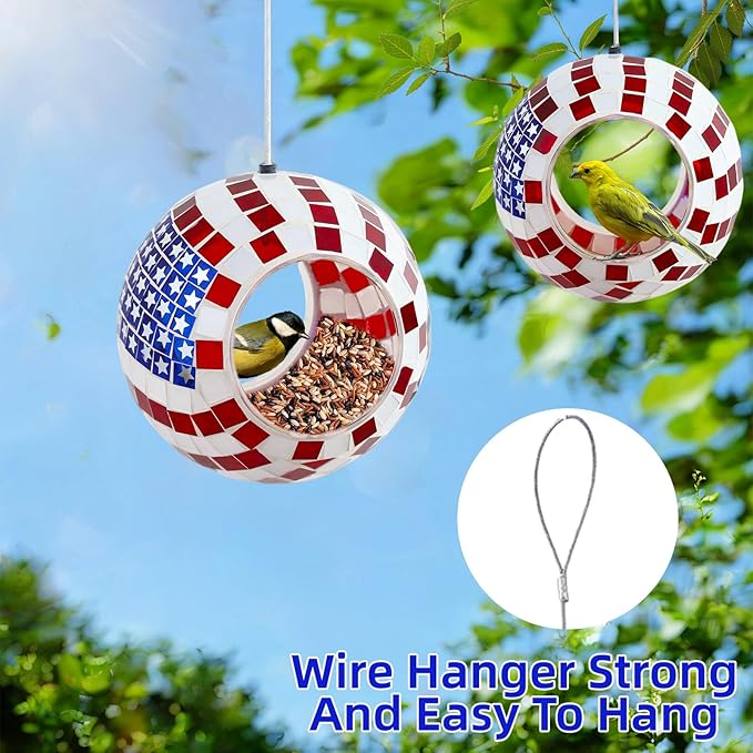 VOREEN Mosaic Bird Feeder, American Flag Design, 6.25" Round Glass Fly-Through Birds Feeder for Outdoor Hanging, Garden, Yard, Backyard, Gift for Mom Wife Friend, 4th of July Decor