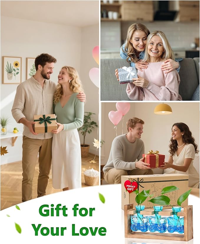 Nacome Plant Terrarium with Wooden Stand,Butterfly-Shaped Glass Vase Planter Propagation Station for Home Office Decor, Unique Gifts for Plant Lovers Women Mom(Blue)