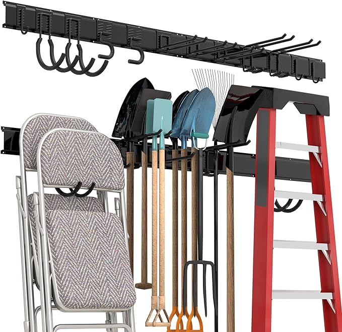 Garage Tool Storage Rack, Heavy Duty Garage Storage Organizer Rack System Wall Mounted Tool with 12 double hooks, 4 rails Garden Tool Rack