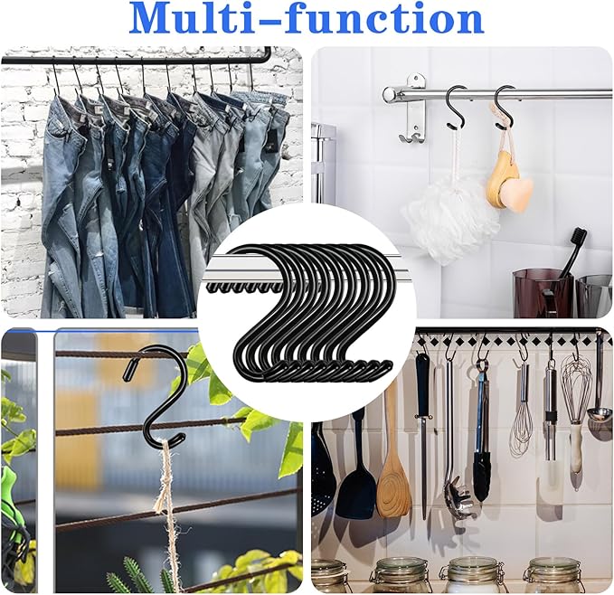 3 Inch 12 Pack Small S Hooks,Heavy Duty S Hook for Hanging Plants,Vinyl Coated Non Slip Black S Hook Pot Rack Closet Hooks for Hanging Clothes, Kitchen Utensil, Pots, Pans, Bags 