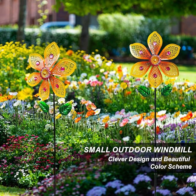 Garden Wind Spinners & Metal Wind Sculptures - Outdoor Windmill Decor with Vibrant Yellow, Yard Art for Patio Lawn Garden Ornament, Dynamic Wind Spinner Sculpture for Landscape Decor