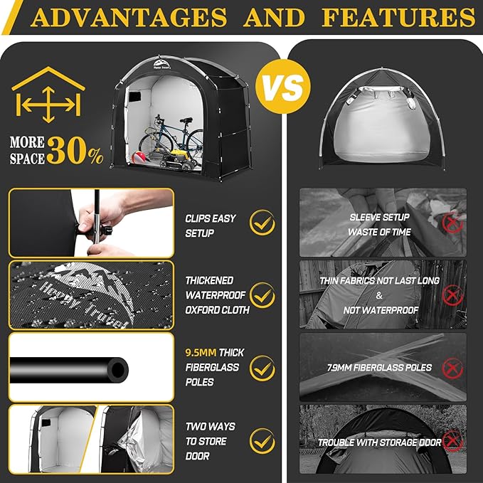 Happy Travel Bike Storage Shed Tent, Waterproof Portable Bicycle Cover with 30% More Top Storage Space for 2/3/4/5 Bikes,Clips Easy Setup Outdoor Sheds Shelter for Motorcycle, Garden Tools, Lawn Mower