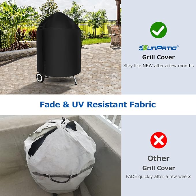 SunPatio Heavy Duty Waterproof Grill Cover Compatible for Weber, Big Green Egg, Char-Broil 22 Inch Charcoal Kettle Grills, Outdoor FadeStop BBQ Cover, Compared to Weber 7150, 27.5" Dia x 38" H