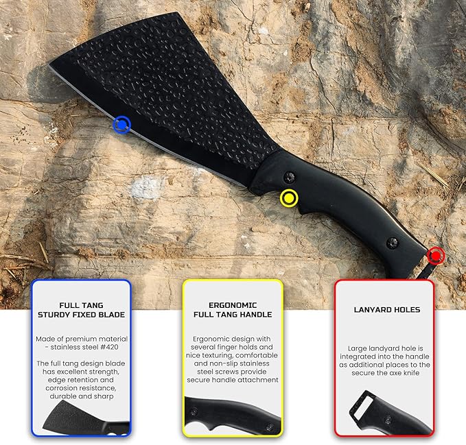 11 Inch Hatchet with Sheath, Small Compact Machete Axes, Fixed Blade Full Tang Camping Tactical Knife for Woodworking, Garden Machete Axe with Sheath for Bushcraft Yards Bushes Wood, A1BK