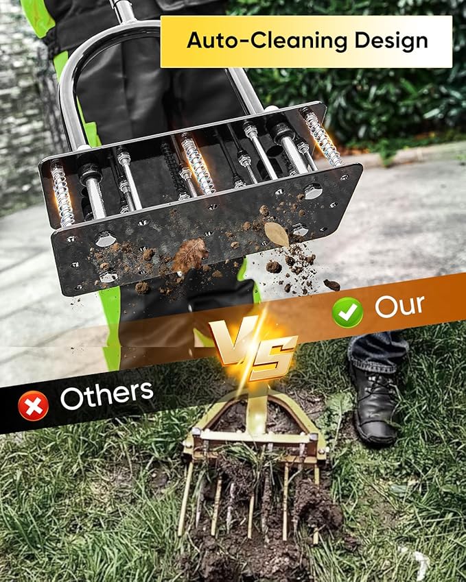 Saker Lawn Aerator Tool, Lawn Aerator with 15 Iron Spikes, Automatic Leaf and Dirt Cleaning with Spring-Loaded Design, Metal Manual Aerator for Loosening Soil Aerating Patio, Yard, Garden Black