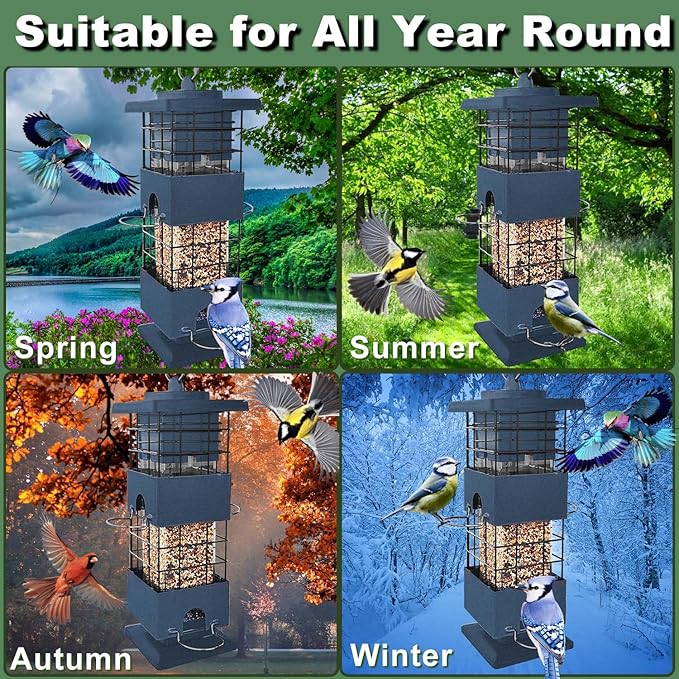 Squirrel Proof Bird Feeder for Outdoors,3Lbs Metal Birdfeeders Squirrel Proof with 4 Feeding Ports for Outside, Birds Seed Feeder for Cardinal, Finch, Sparrow,Bluejay (Blue)