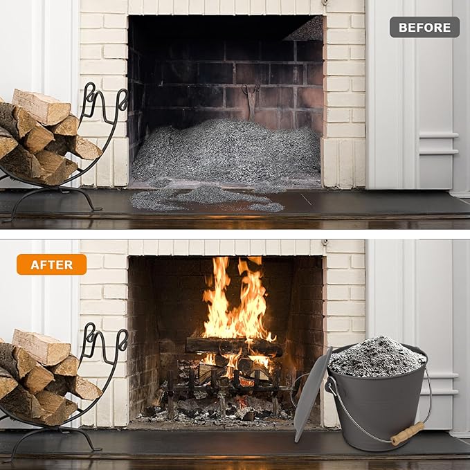 BRIAN & DANY Mini Ash Bucket with Lid and Shovel, 1.3 Gallon Fireplace Metal Bucket with Broom, Coal Bucket Ash Can for Fireplace, Ashes, Fire Pit, Wood Burning Stove, Grey