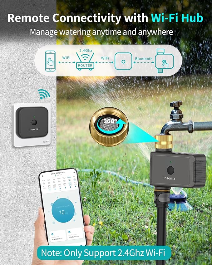 WiFi Water Timer Brass Inlet, 2.4GHz Smart Sprinkler Timers, 1 Zone Hose Timer with WiFi Hub, Voice/App Control with Alexa & Google Assistant, Auto/Manual Watering, Rain Delay, for Garden, Yard, Lawn