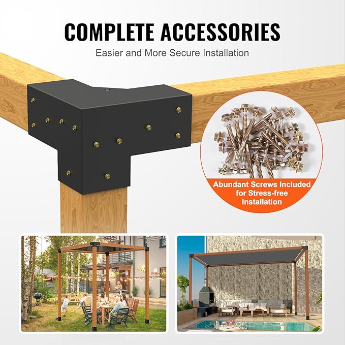 VEVOR Pergola Bracket Kit 4''x4''(Inner Size 3.6x3.6), 4pcs 3-Way Heavy Duty Corner Bracket Woodworks DIY Post Base Kit, Easy Installation Wooden Beams for Gazebos, Patio Pergolas, Log Cabin Outdoor