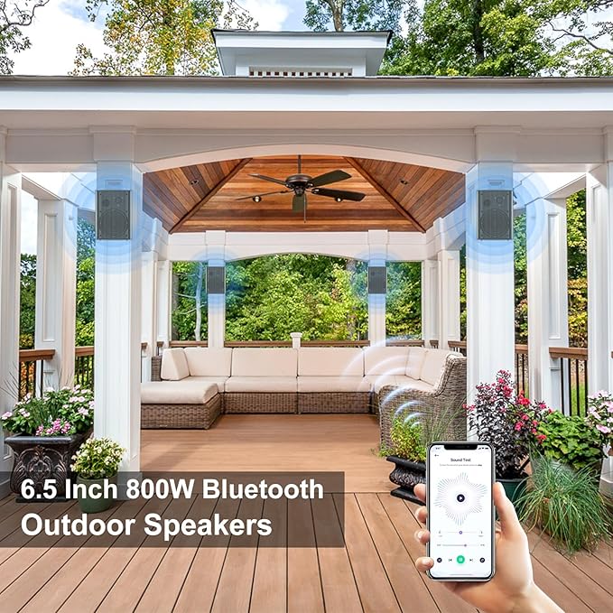 STUDIOFINIX 800W 6.5 Inch Outdoor Bluetooth Speakers Waterproof Wired with Multifunctional Amplifier Wall Mount Weatherproof Loudspeaker System for Patio Garden Poolside Home(4 Speakers,Black)