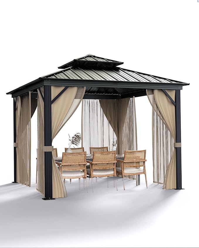 10x10 Ft Hardtop Gazebos with Heavy Duty Double Roof, Nettings and Curtains Galvanized Steel Outdoor Gazebos for Patio, Backyard, Deck, Lawn (Brown)
