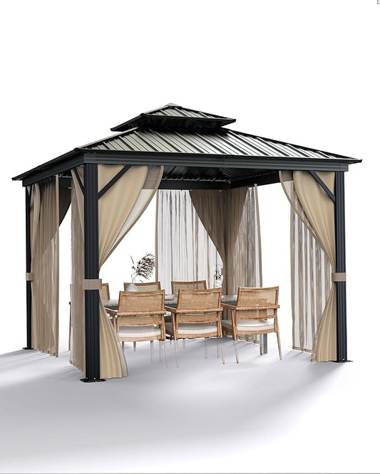 10x10 Ft Hardtop Gazebos with Heavy Duty Double Roof, Nettings and Curtains Galvanized Steel Outdoor Gazebos for Patio, Backyard, Deck, Lawn (Brown)