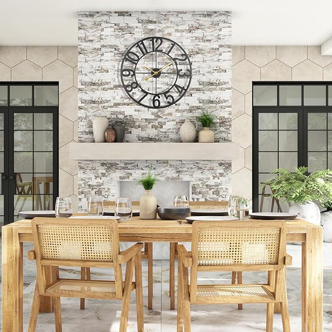 Large Outdoor Clock, Patio Decorative Wall Clock Silent Non Ticking Battery Operated, 24 Inch Modern Black Metal Clock for Pool Area, Living Room, Farmhouse, Kitchen