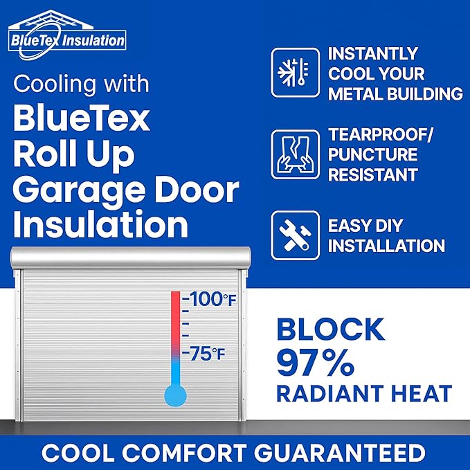 BlueTex Roll Up Garage Door Insulation Kit for Cooling Down Metal Buildings – Easy to Install Complete Insulation for 2 Garage Doors Up to 10'x10' or Large Single Door (10'x10' - 2 Doors)