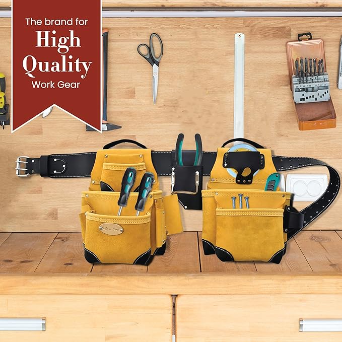 Style n Craft 4-Piece and 17-Pocket Pro Framer’s Combo, Tool Belt with 2 Tool Pouches and 1 Pliers and Hammer Holder, Full-Grain Leather Tool Belt Combo, Yellow with Black Leather Corners (93414)