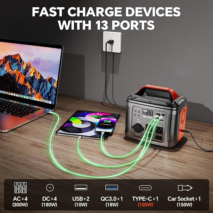 Portable Power Station, 300W 296Wh Solar Generator Quick Charge / 110V AC Outlets/DC Ports and LED Flashlight, solar panel 60W for Home Outdoor Travel Camping Blackout