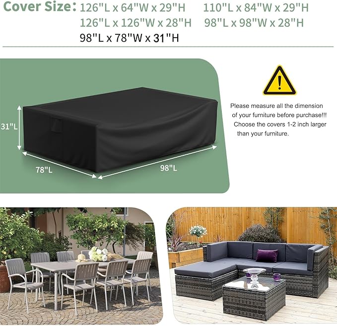 Gasadar Patio Furniture Covers, Outdoor Furniture Cover Waterproof, 600D Heavy Duty, 98"X78"X32", Black