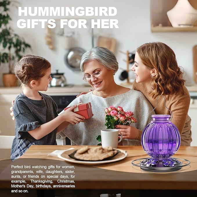 2 Pack Glass Hummingbird Feeder for Outdoors Hanging, Bird Nectar Feeder with Perch & 5 Flower Feeding Ports, 26 Oz Leak Proof for Outside Garden Decor Backyard, Gifts for Women Mom, Purple