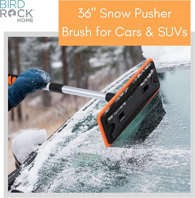 BIRDROCK HOME 36" Extendable Snow Pusher Brush & Detachable Ice Scraper for Cars | Aluminum Grip for Car, Truck, SUV | Safe on Auto Windshield & Windows | Wide Frost Remover for Semi & Small Vehicles