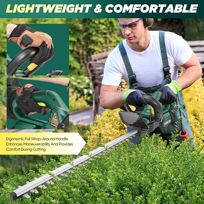 Cordless Hedge Trimmer, 22V Electric Bush Trimmer with 20” Dual-Action Blades, 3/5" Cutting Capacity, Lightweight Shrub Trimmer Handheld Hedge Cutter, 1 Battery and Fast Charger Included