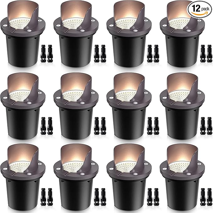 SUNVIE 12 Pack Low Voltage Landscape Lighting 12W LED Outdoor In-Ground Waterproof Shielded Well Lights Warm White Paver Lights with Wire Connectors for Pathway Garden Yard Fence Deck