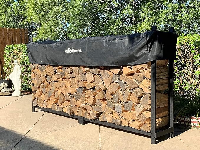 Woodhaven 8 Foot 1/2 Cord Firewood Log Rack With Optional Cover - Made In USA - Outdoor Use Lifetime Structural Warranty - Black Texture Powder Coat Finish - Made With Heavy Duty Steel