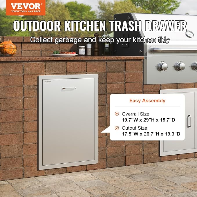 VEVOR Outdoor Kitchen Trash Drawer 19.7"W x 29"H x 15.7"D Inch Outdoor Kitchen Drawers Stainless Steel for Outdoor BBQ Island Kitchen