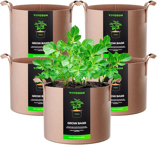 VIVOSUN 5-Pack 7 Gallons Grow Bags Heavy Duty Thickened Nonwoven Fabric Pots with Strap Handles Tan