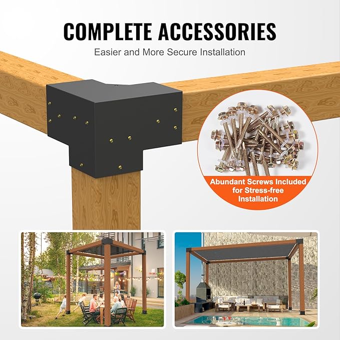 VEVOR Pergola Bracket Kit 6''x6''(Inner Size 5.6x5.6), 4pcs 3-Way Heavy Duty Corner Bracket Woodworks DIY Post Base Kit, Easy Installation Wooden Beams for Gazebos, Patio Pergolas, Log Cabin Outdoor